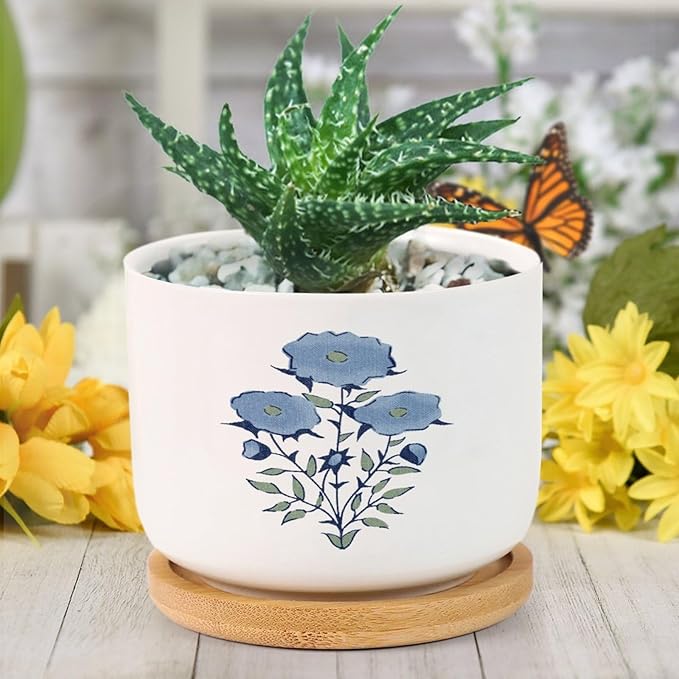 DreamAutumn Blue Flower Ceramic Pots for Plants with Drainage Holes Round Flower Pot Bamboo Tray Orchid Pot Succulents Pots for Outdoor Indoor Plants,Housewarming Gifts