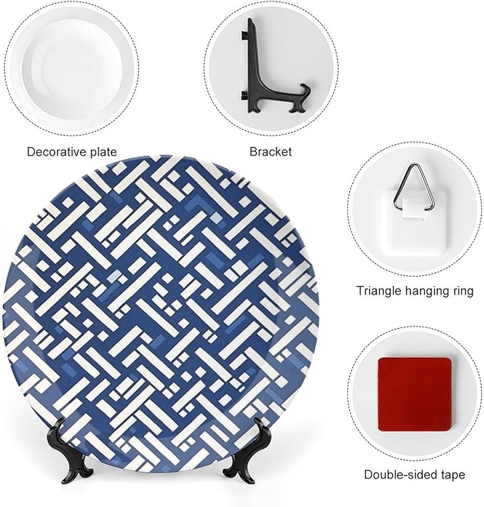 Vintage Plates Navy Blue Geometric Custom Decor for Club Art Decoration Wall Display Wall Decorative Plate with Vertical Stand, Multi Sizes by Choosing, Gifts for Men Women