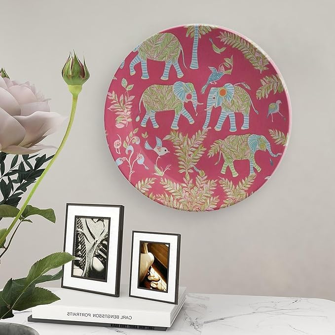 Animal Pink Chinoiserie Decorative Plate of 6", 7", 9", 10", Custom Wild Elephant Handmade Decorative Plate, Table Wedding Decorations Farmhouse, with Display Stand And Hook Up