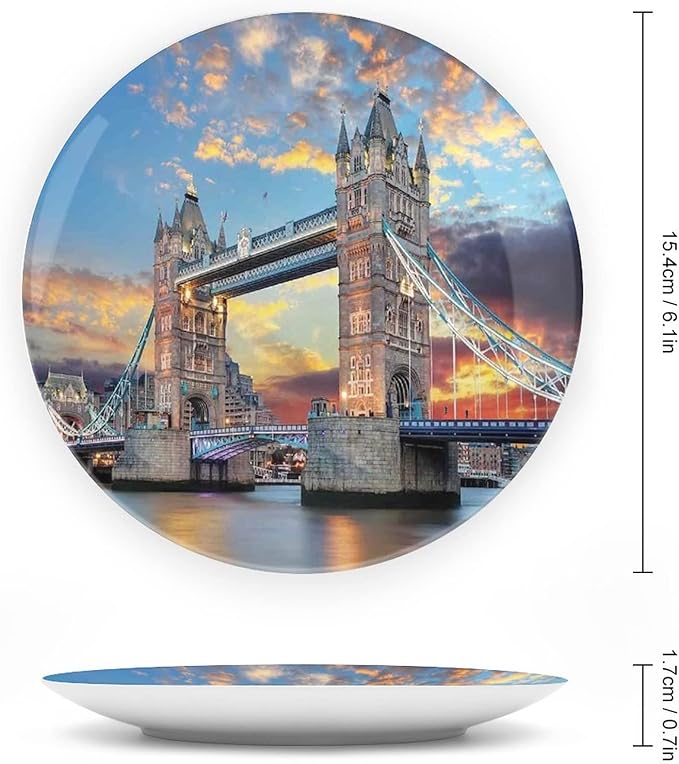 XISUNYA 10 Inch Decorative Plate, London Dinner Plate, Vista of Tower Bridge at Dramatic Sunset Thames River Print Ceramic Wall Hanging Decor Accessory for Dining Table Tabletop Home Decor