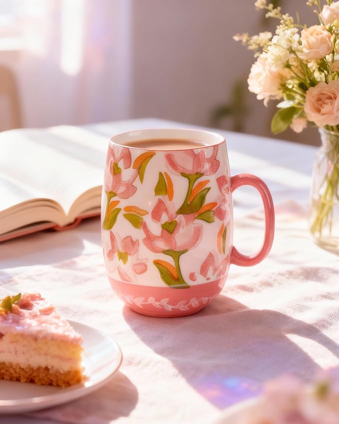 Large 24oz Ceramic Coffee Mug with Handle for Coffee or Tea, Hand-Painted Floral Pottery Mug for Women, Durable Microwave & Dishwasher Safe, Christmas Gift for Family, Holiday & Fall Decor