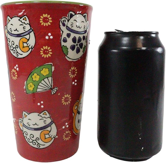 Ebros Oriental Japanese Design Double Walled Porcelain Ceramic Tall Hot Or Cold Drink Travel Mug Cup 12oz With Straw Or Sip Holed Cover Lid (Red Maneki Neko Lucky Cats)