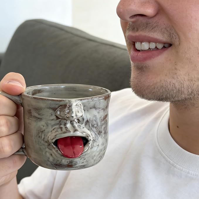Handmade Face Shaped Ceramic Mug,Funny Tongue Out Facial Ceramic,Artistic Sculptural Facial Mug Cup,Unique Artisanal Pottery Mug,Novelty faces Gag Gifts for Friends Desk Decor.