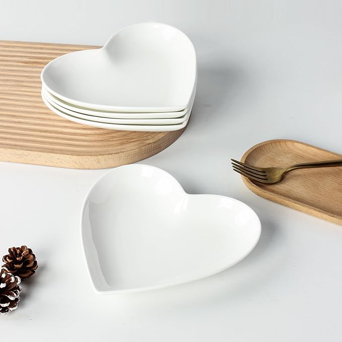 10 Pack Ceramic Appetizer & Dessert Plates, 7.5 Inch White Heart Shape Plates for Elegant Dessert Display, Lightweight Small Lunch Plate, Oven, Dishwasher & Microwave Safe