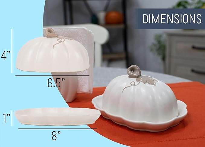 Nat & Jules Pumpkin Shaped 8 x 6 Inch Ceramic Scalloped Covered Lid Butter Dish: Perfect for decorating table settings for Thanksgiving, Halloween & Indoor Fall Décor, White