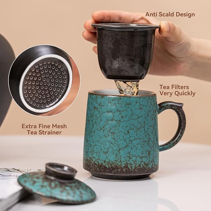 Ceramic Tea Mug with Infuser & Lid, 15oz Kiln-Transformed Unique Cup – Nature's Artisan Design, Loose Leaf Tea Cup with Infuser, Insulated Ceramic Coffee Mugs with Lid, Gift for Women/Men