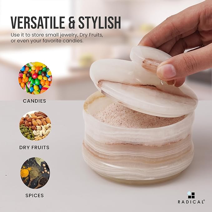 Radicaln Marble Salt Cellar with Lid 4" Inch White Onyx Handmade Salt Jar & Table Salt Storage For Kitchen Countertop, Ideal Salt Container, Salt Dish & Sugar Bowl For Tabler Counter, Spice Jar