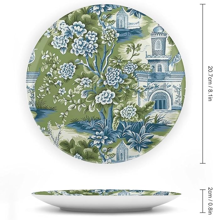 Pagoda Garden Imperial Green Chinoiserie Vintage Plates, Ceramic Ornaments Dessert Plates for Kitchen Farmhouse Decor, Including Bracket And Special Hook Art Decorations for Art Decoration Festival