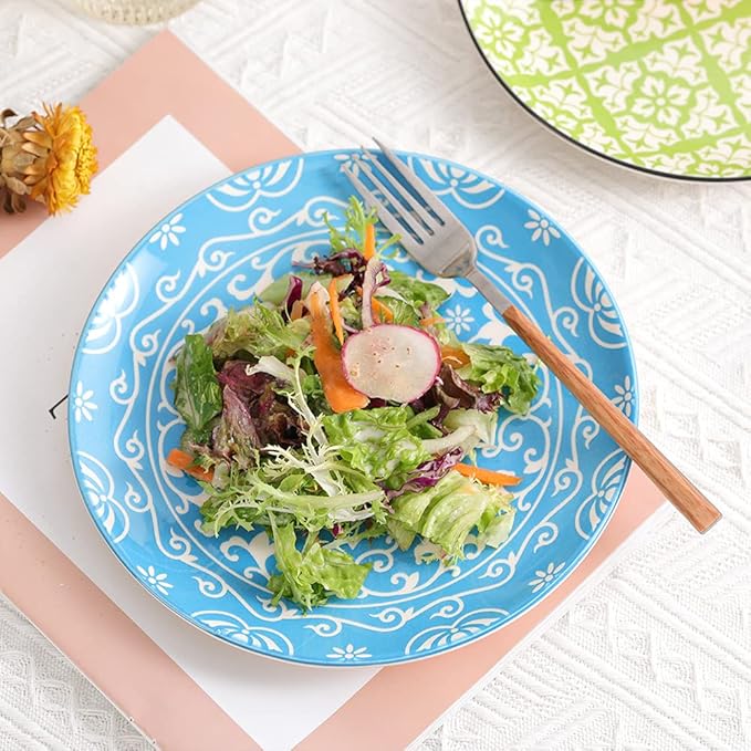 Dessert Plate Set of 6-8 Inch Ceramic Salad and Appetizer Plates - Vibrant Mix-and-Match Colors - Dishwasher and Microwave Safe