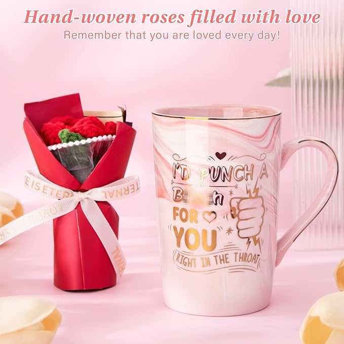 Biching Birthday Gifts for Women, Valentines Day Gifts for Her – 14oz Ceramic Marble Mug with Gold Print and Knitted Bouquet, Funny Gift Set for Mom, Wife, Sister, Bestie, Friendship, Girlfriend
