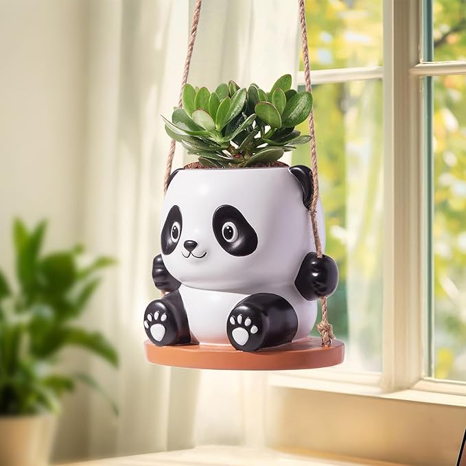 Swing Panda Hanging Planters for Indoor Plants, Cute Succulent Pots with Drainage Hole, Small Hanging Flower Pots Outdoor, Panda Gifts for Plant Lovers (Boy-White)