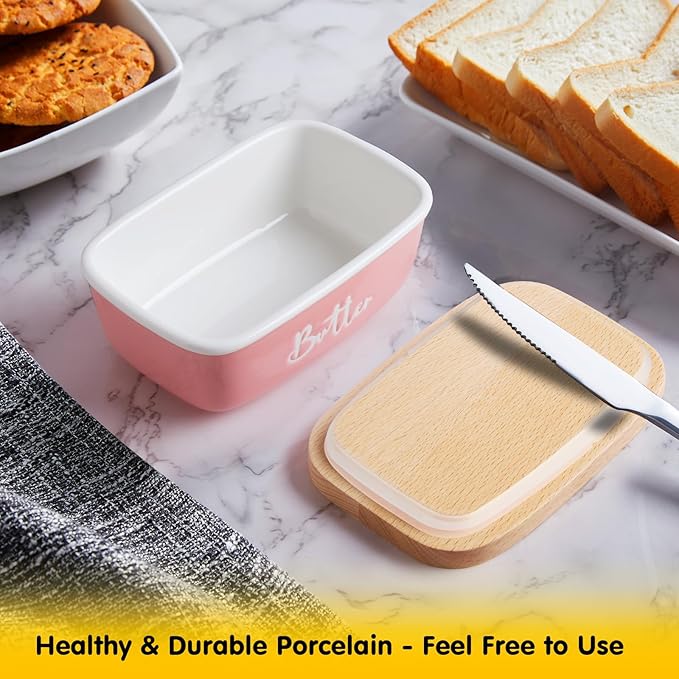 ALELION Pink Butter Dish with Lid for Countertop - Ceramic Farmhouse Butter Keeper Container with Thick Beech Wood Lid - Pink Kitchen Home Decor and Accessories for Kitchen Gifts