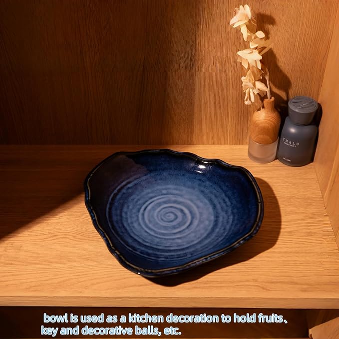 10'' Large Decorative Bowl - Ceramic Decorative Dish for Kitchen Counter, Key Bowl for Entryway Table, Modern Centerpiece Decor Dish for Home Decor Accents, (10”BIUE)