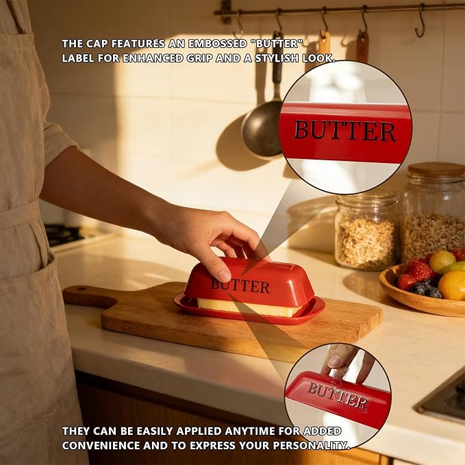 BPA-Free Melamine Butter Dish with Lid & Stainless Steel Knife - Farmhouse Butter Keeper for Countertop & Refrigerator, Dishwasher Safe, Holds 1 Stick with East & West Coast Butter-Red