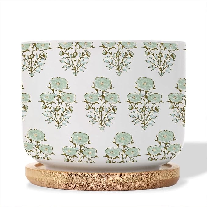 5 Piece Green Flower Small Succulents Pots Oriental Chinoiserie Cactus Planter for Indoor with Drainage Holes and Bamboo Tray Watercolor Chinoiserie Floral Ceramics Planters for Indoor
