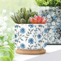 Mughal Flower Small Ceramics Pots Set of 1 Watercolor Blue Mughal Floral Ceramics Pots for Plants with Drainage Bamboo Trays Asian Scenery Chinoiserie Succulent Pot for Indoor
