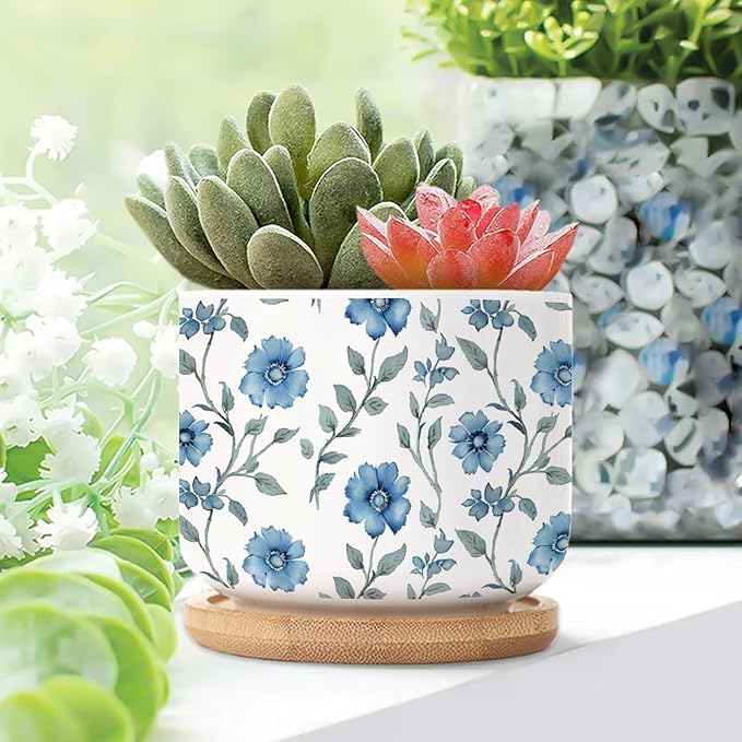 Mughal Flower Small Ceramics Pots Set of 2 Watercolor Blue Mughal Floral Ceramics Pots for Plants with Drainage Bamboo Trays Asian Scenery Chinoiserie Succulent Pot for Indoor