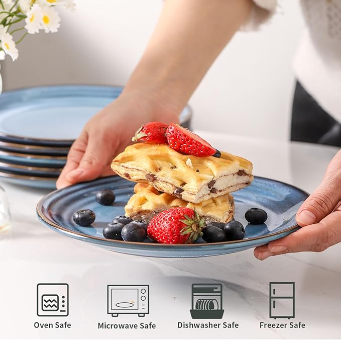 HASENSE Dessert Plates Set of 4, 8 Inch Porcelain Salad Dinner Plates Set for Kitchen, Flat Serving Dishes for Appetizer, Pasta, Side Dish, Snack, Microwave and Dishwasher Safe, Blue