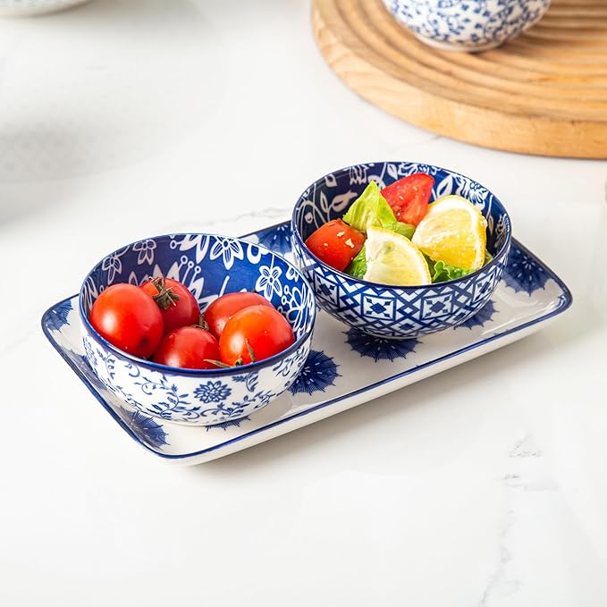 Ceramic Dipping Bowls Set - Mini 4 Oz Dessert Bowls Set - Small 3.5 Inch Porcelain Bowls for Side Dishes, Snack, Appetizer, Yogurt - Microwave Dishwasher Safe - Set of 6 - Vintage Blue