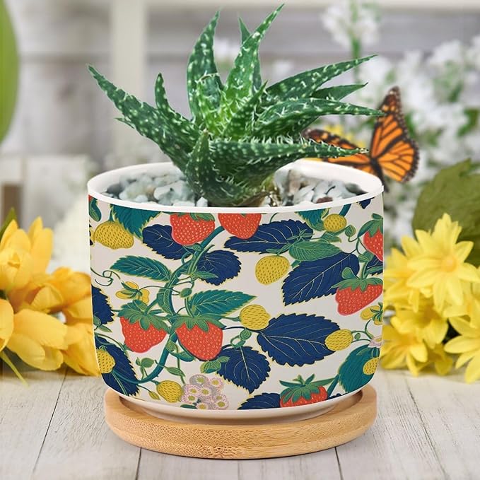 Summer Cherry Lemon Citrus Garden Planter Ceramic Strawberry Fruit Season Round Plant Pots with Drainage Holes and Bamboo Tray Pot for Indoor Outdoor Garden