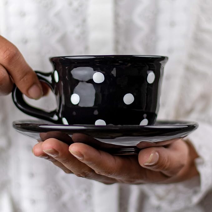 City to Cottage Handmade Black and White Polka Dot Ceramic 8.4oz/250ml | Cappuccino, Coffee, Tea Cup and Saucer, Unique Designer Pottery for Tea Lovers