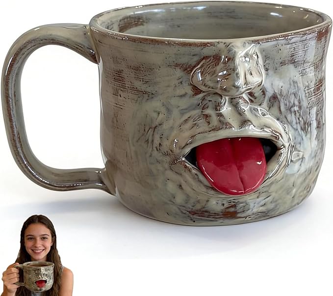 Handmade Face Shaped Ceramic Mug, Funky Novelty Sculptural Coffee Cup with Tongue, Unique Artisanal Pottery for Tea or Coffee, Perfect Gag Gift for Friends, Office & Home Decor (1pc)