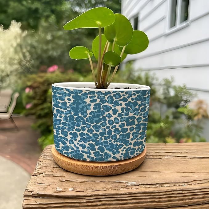 Leopard Blue and Beige Ceramic Planters African Tribal Animal Print Snake Plant Live Indoor with Pot with Drainage Holes and Saucers Pot for Succulents Cactus Garden Windowsill