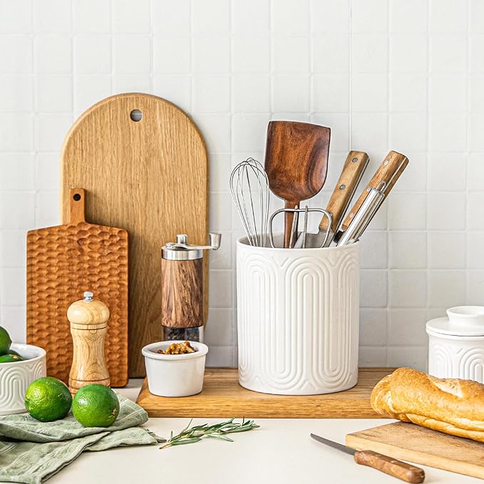 INSETLAN 7.1" Ceramic Utensil Holder, Kitchen Utensil Organizer for Countertop, Arch-Design Utensil Crock for Farmhouse Decor & Kitchen Counter, Perfect Housewarming Gift