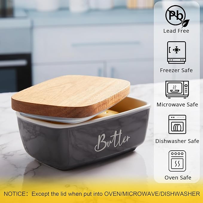 Gray Butter Dish, ALELION Large Ceramic Butter Dish with Lid for Countertop, Butter Container with Acacia Wooden Lid, Modern Country Kitchen Decor and Accessories for Counter, for Kitchen Gifts