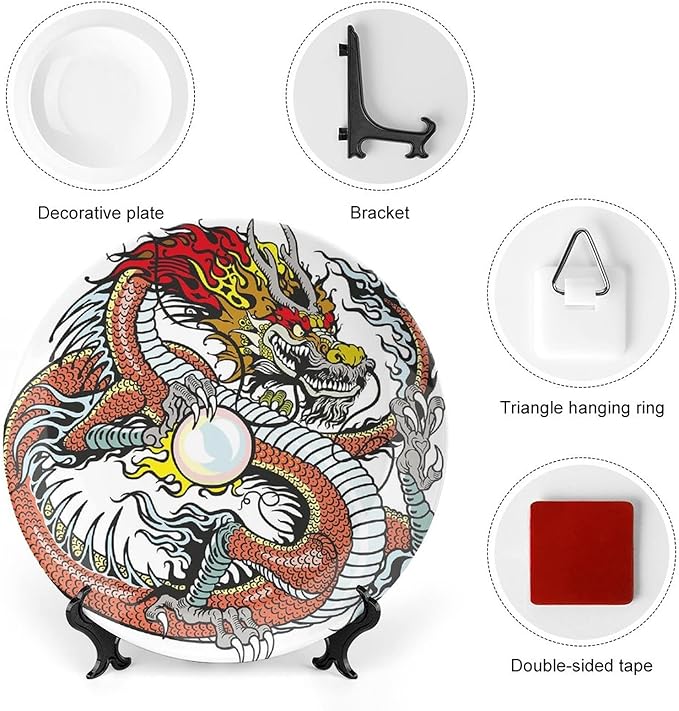 XISUNYA 7 Inch Decorative Plate, Dragon Tableware Plate, Traditional Chinese Creature Holding Pearl Zodiac Print Ceramic Wall Hanging for Home & Office Wall Hanging Decor