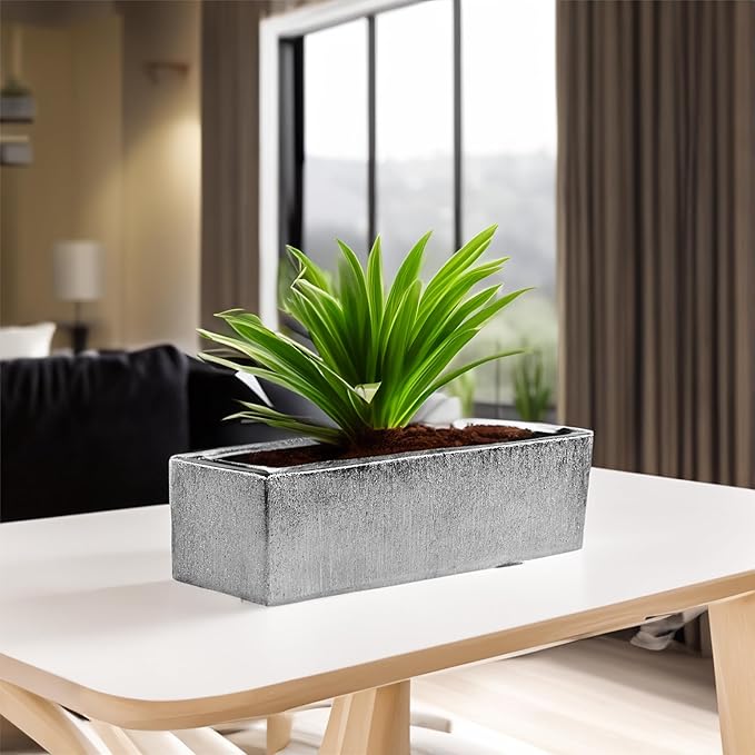 WGVI Long Rectangle Ceramic Planter Vase in Silver Etched 14" x 4" x 4"H, Rectangular Box Block Terrarium Pot, Flower Arrangement, Tabletop Centerpiece, Home Decor Organization Container, 4 Pcs.