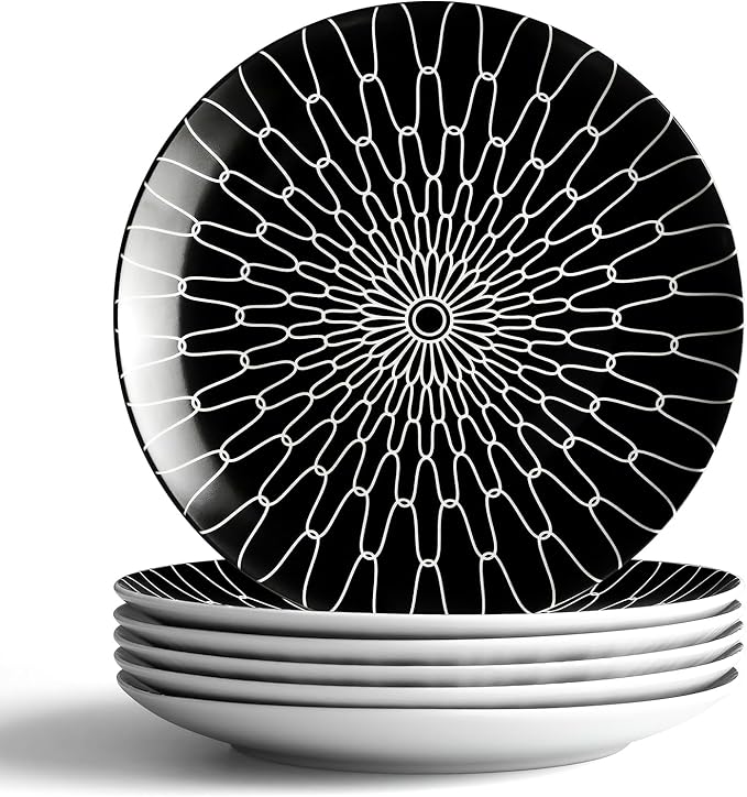 10-Inch Dinner Plates Set of 6, Black and White Grid Ceramic Plates, Large Checkerboard Design for Main Course, Restaurant-Style, Microwave & Oven Safe