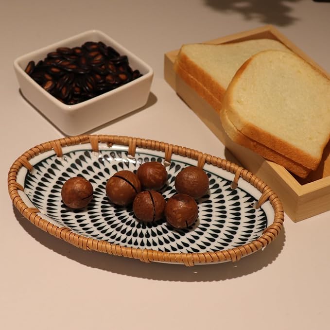 Rattan Ceramic Tray, Oval Fruit/Bread/Cookie/Jewelry Small Storage Porcelain Serving Plate, Vintage Decorative Display Plate for Coffee Table Home Decor Wedding Party Gift (Black Water Drop)