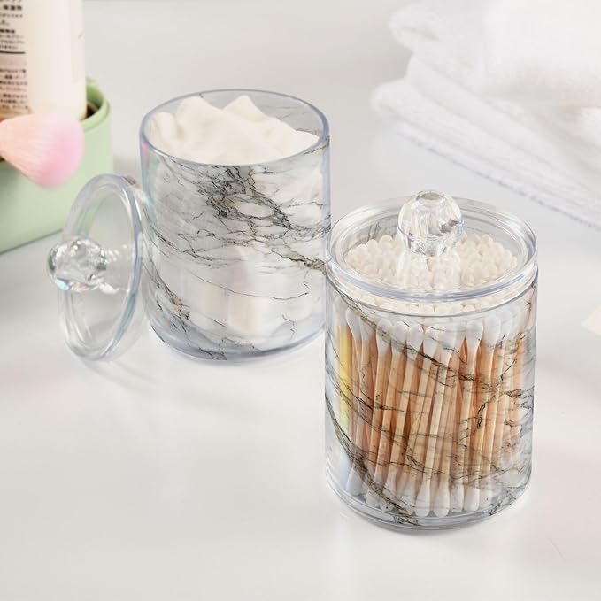 MNSRUU 4 Pack Qtip Holder Organizer Dispenser Stylish White Marble Texture Bathroom Containers Bathroom Vanity Storage Canister Apothecary Jars for Cotton Swabs/Pads/Floss