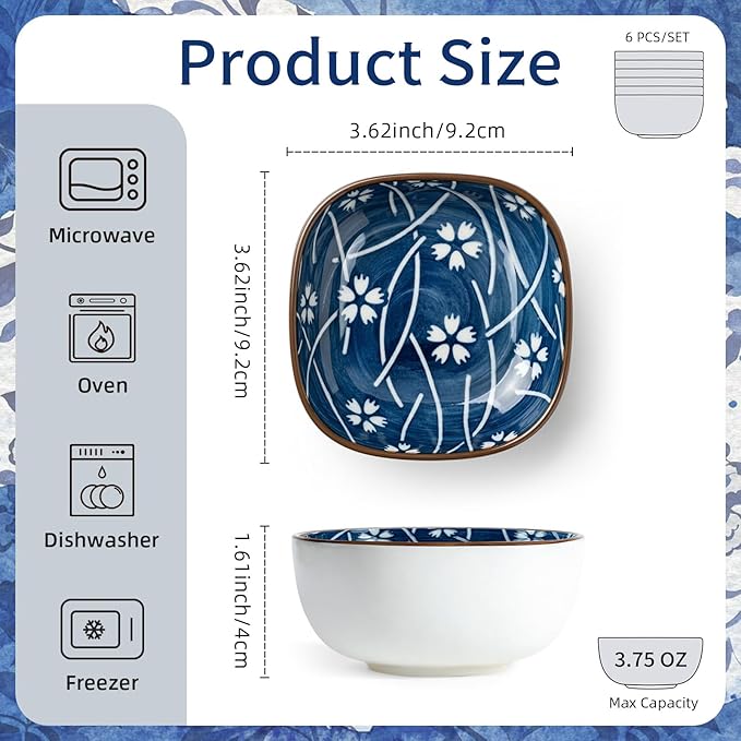 clothmile 6 Pcs Blue and White Sauce Dishes 3.6"×3.6"×1.6" Traditional Chinese Ceramic Side Bowl for Sushi Sauce Snack Pinch Home Kitchen Decor Housewarming Gift
