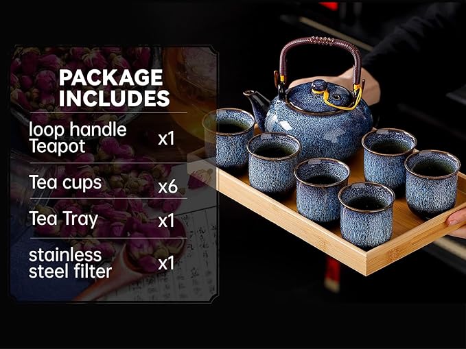 Traditional Japanese tea set, Kiln altered glaze Porcelain tea set with 1 teapot (23.5oz/700ml), 6 teacups (4oz/120ml), 1 Tea Tray,Japanese teapot set, Asian tea sets (Kiln altered Blue)