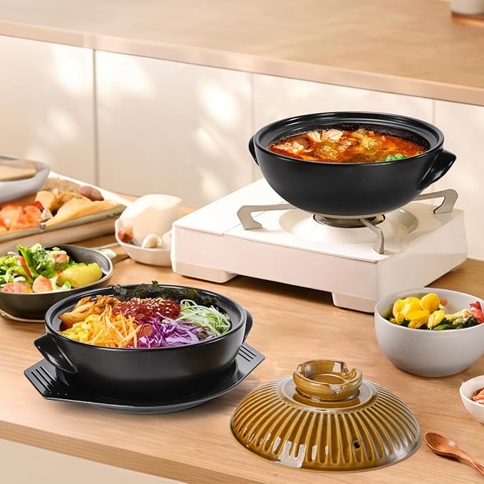 Okllen Large Korean Ceramic Bowl with Lid and Platter, 54 oz Clay Pot for Cooking, Sizzling Hot Pot for Dolsot Bibimbap, Soup, Casserole, Rice, Stew, Noodle