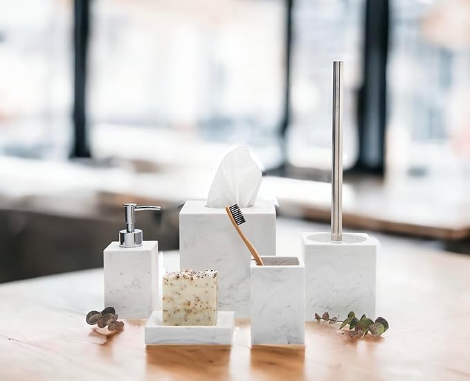 Kurrajong Farmhouse 5 Piece Bathroom Accessories Set Complete | Faux Marble and White Bathroom Accessory Set | Tissue Box, Toilet Brush, Soap Dish, Soap Dispenser, Toothbrush Holder