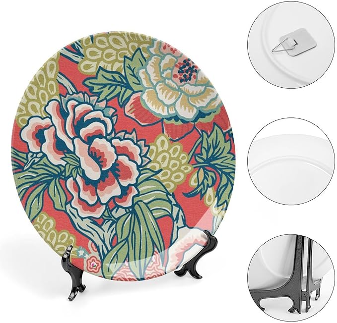Red And Yellow Chinoiserie Peony Floral Decorative Plate for Display Colorful Chinoiserie Flower Table Housewarming Gifts Supplies Wedding Home Holiday Party Decorations Customize Gifts Holiday