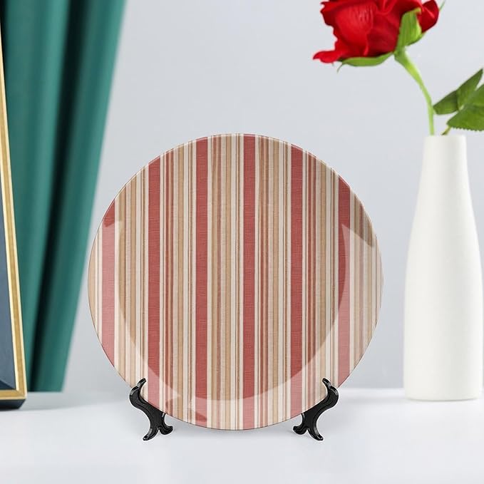 Red And White Classic Stripe Plates Ceramic Decor for Table Display Wedding Customize Birthday Idea Gifts Hand Painted Wall Hanging Decor with 1 Display Stand, Multi Sizes by Choosing