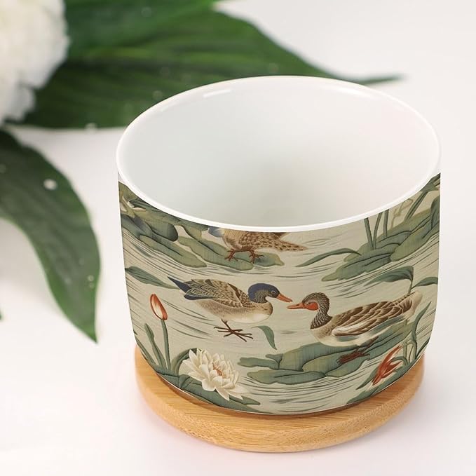 2 Piece Ceramics Plant Pot and Duck Garden Small Ceramics Planter Green Water Lily Chinoiserie Flower Succulent Pot Traditional Chinese Chinoiserie Plant Pot with Drainage Holes