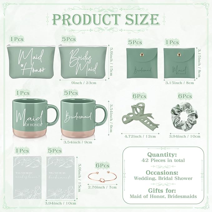 42 Pcs 6 Sets Wedding Favors Bridesmaid Proposal Gifts Maid of Honor Ceramic Coffee Cups Cosmetic Makeup Bags Invited Cards Scrunchies Knotted Bracelets Jewelry Bags Hair Claw Clips(Green)