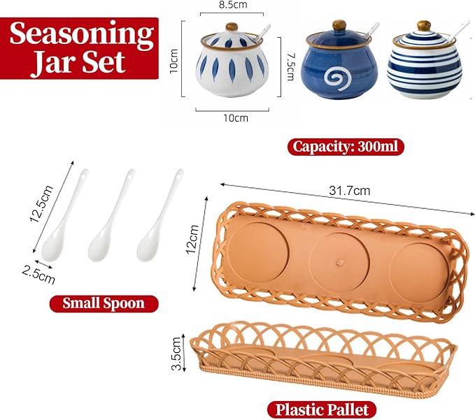 Kitchen Ceramic Condiment Jars with Lids and Spoons, 3 Piece Porcelain Seasoning Jar Set for Salt Spice Pepper Suger Bowl, Coffee Tea Container Pot with Serving Tray - Japanese Style