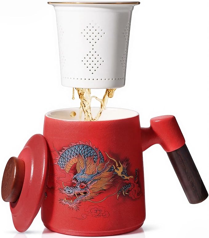 Ceramic Tea Cup with Infuser and Lid, 13.5 oz Tea Mug for Loose Leaf Tea,Wood Handle,Chinese Dragon Design,All Porcelain Strainer,BPA-Free, Perfect for Tea Lovers/Birthday/Easter (Red）
