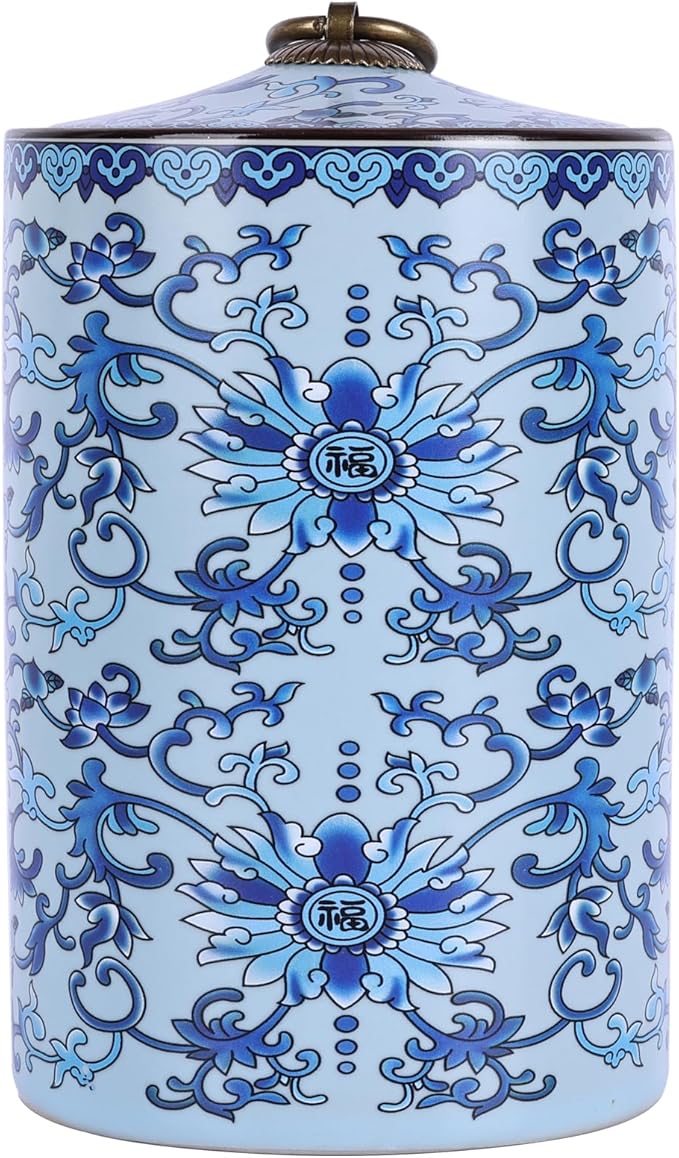Chinoiserie Porcelain Decorative Jar with Lid,Home Decor Accent, Kitchen Canning Container, Jar for Loose Tea, Pen Holder,21oz Ceramic Vase & Storage Jar (FQL Jar)