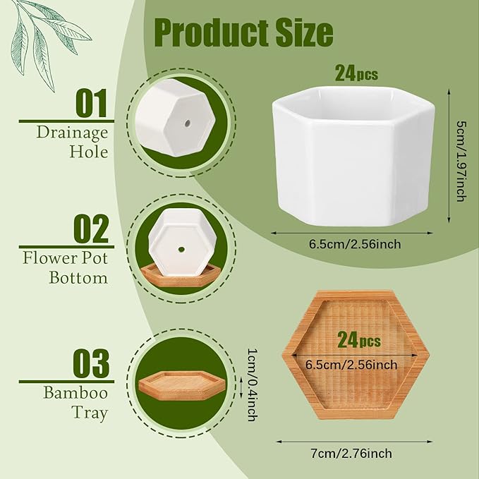 Gerrii Succulent Pots Mini White Ceramic Flower Planter Pot Succulent Planters with Wooden Trays and Drainage Holes for Plants Cactus Home Office Decoration, Plants Not Included(24 Pcs)