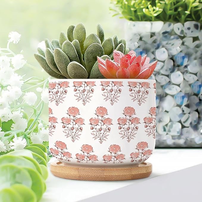 Set of 1 Watercolor Chinoiserie Floral Small Pots for Succulents Coral Orange Flower Ceramics Plant Pot with Drainage Bamboo Trays Asian Scenery Chinoiserie Cactus Pot