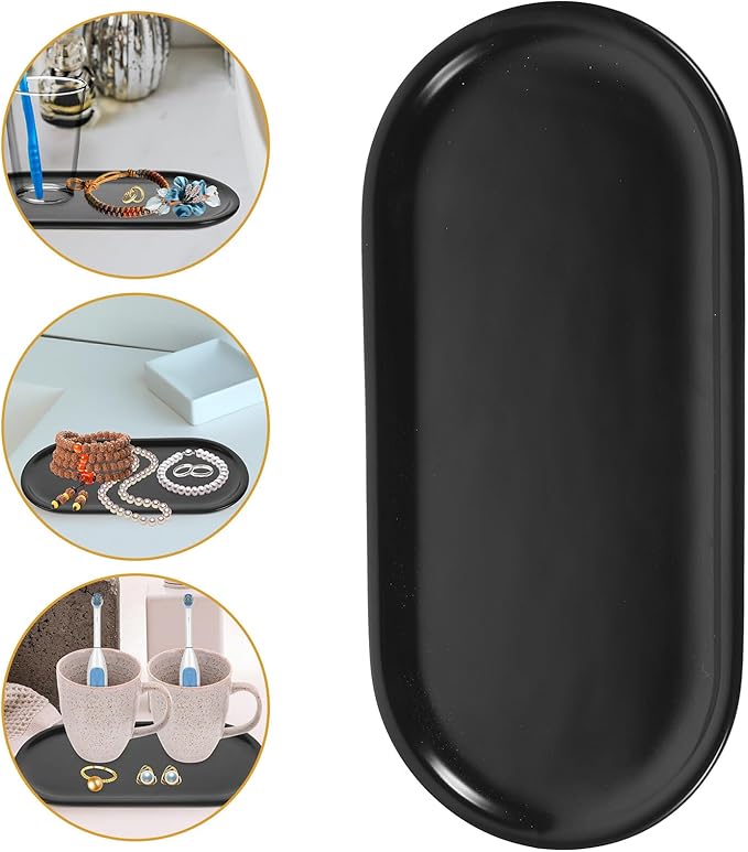 Oval Ceramic Vanity Tray Compact Dark Countertop Storage Organizer for Bathroom Dresser Jewelry Holder Cosmetic Container