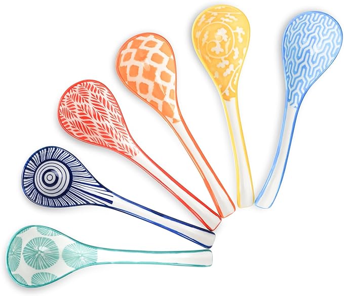 Selamica Asian Ceramic Soup Spoon Set of 6, 6.3 Inch Ramen Spoons, Japanese and Chinese Styles, Assorted Colors