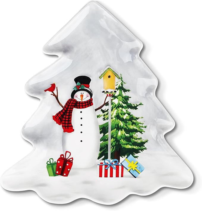 Joeyan Christmas Ceramic Dinner Plates,8.3" Xmas Tree Shaped Serving Plate Dishes with Festive Holiday Snowman Patterns,Dinnerware for Dessert Salad Appetizer,Microwave and Dishwasher Safe